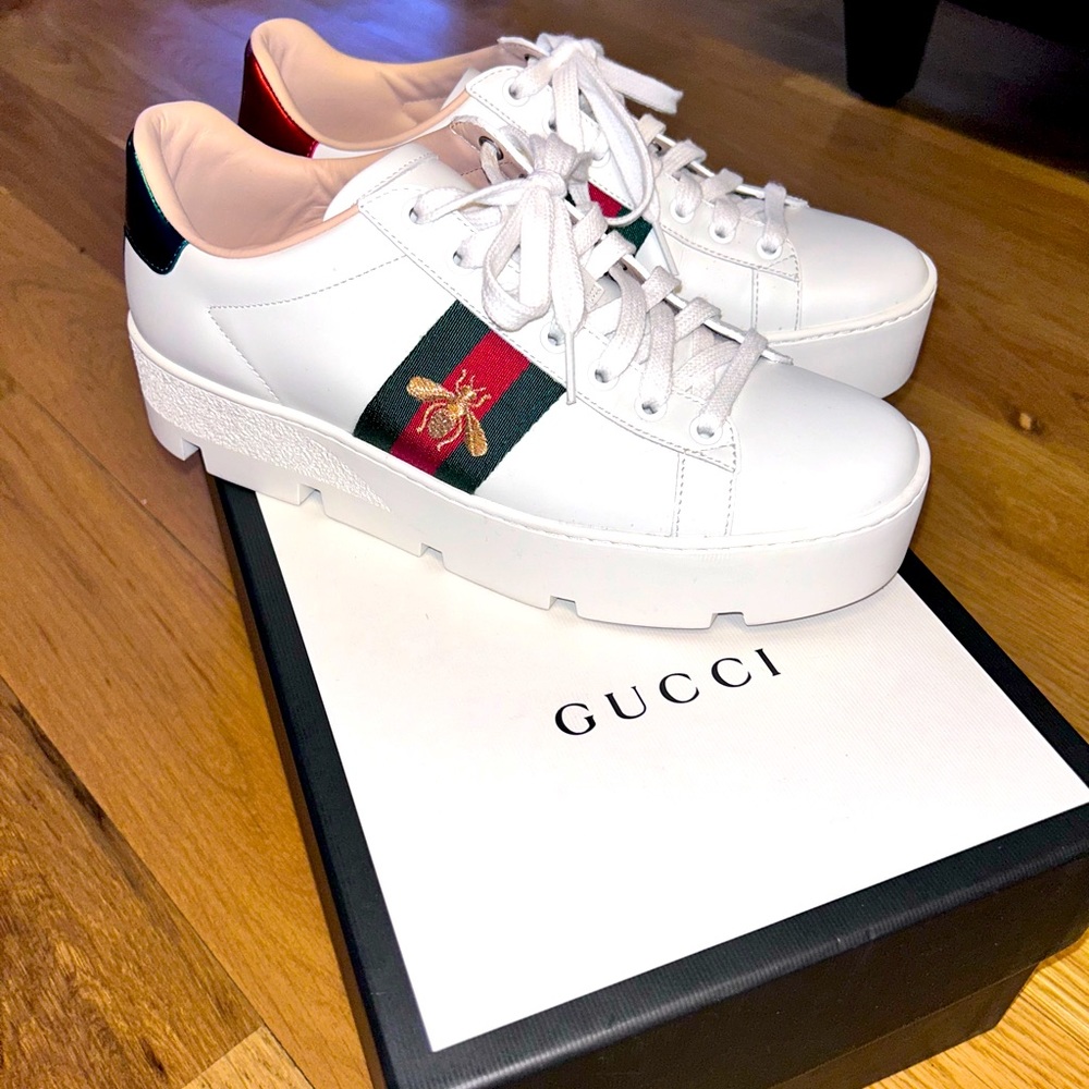 Gucci Calfskin Ace Bee Embroidered Ace Platform Sneakers with removable crystals